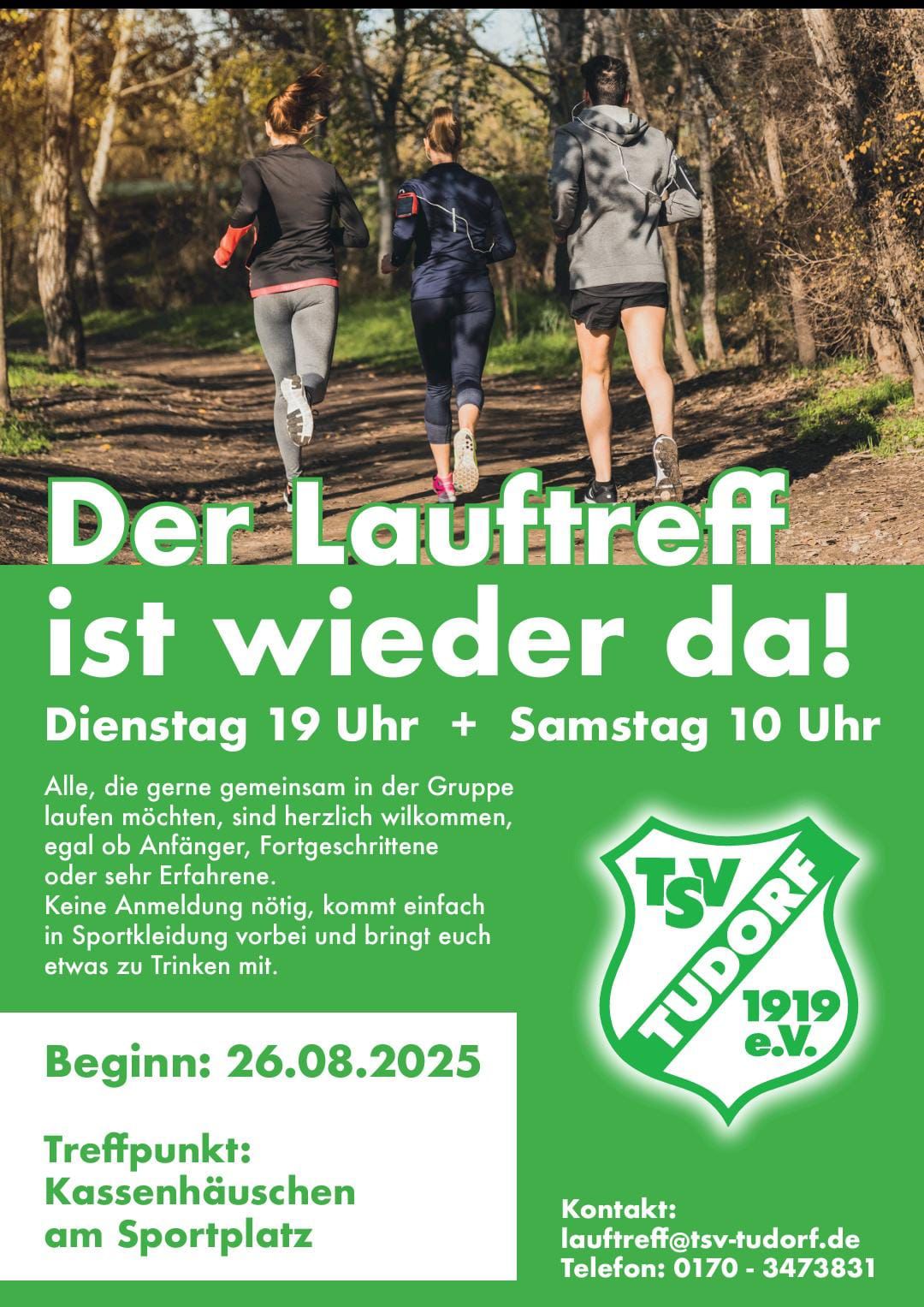 🏃♀️🏃♂️ Gemeinsam laufen in Tudorf 📍 Treffpunkt: Kassenhäuschen am Sportplatz 📅 Start: ab Dienstag, 26. August 2025